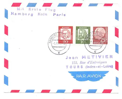 5000 KÖLN, POSTGESCHICHTE, Erstflug Hamburg -. Köln - Paris, 1.8.1961