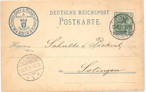 5000 KÖLN, Firmen-Karte, Schmitz-Gohr, Rübölraffinerie, 1901, kl. Randmangel, Heftlochung