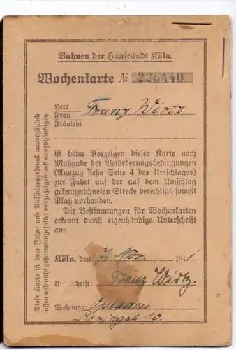 5000 KÖLN, Strassenbahn / Tram - Ausweis Wochenkarte 1941