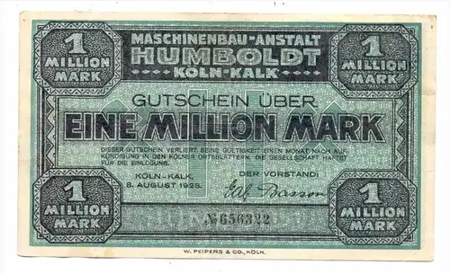 5000 KÖLN - KALK, Maschinenbau-Anstalt Humboldt, Notgeld Schein eine Million Mark, 1923