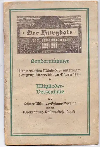 5000 KÖLN, Mitgliederverzeichnis Kölner Männer Gesang Verein / Wolkenburg Kasino, 1924, 35 Seiten, altersb. Erhaltung