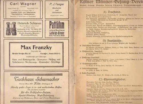 5000 KÖLN, Mitgliederverzeichnis Kölner Männer Gesang Verein / Wolkenburg Kasino, 1924, 35 Seiten, altersb. Erhaltung