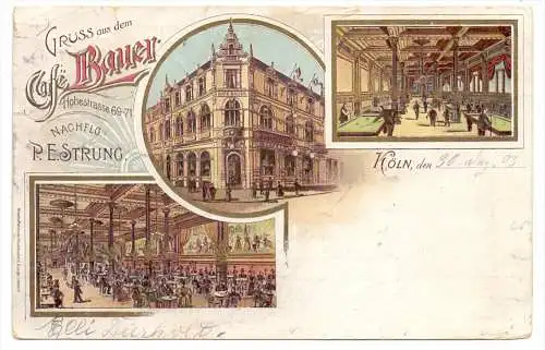 5000 KÖLN, Cafe Bauer, Lithographie, Billard - Saal, 1903