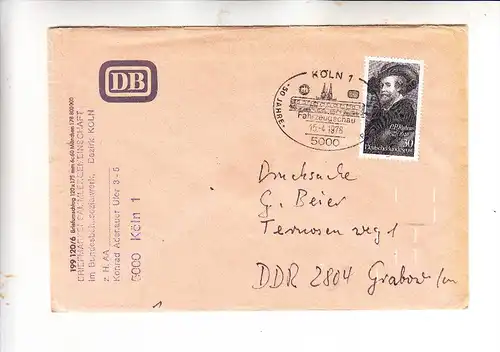 5000 KÖLN, POSTGESCHICHTE, Sonderstempel 1978 Eisenbahn Fahrzeugschau auf DB Brief in die DDR