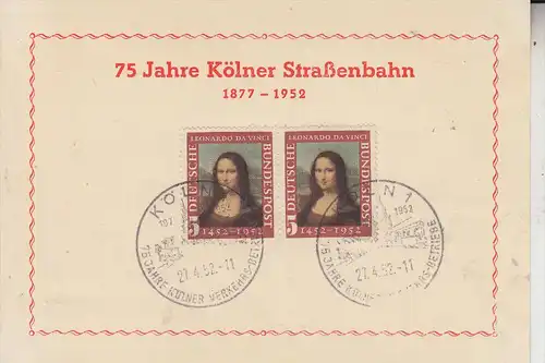 5000 KÖLN, Sonderkarte mit Sopnderstempel 75 Jahre Kölner Strassenbahn, 1952