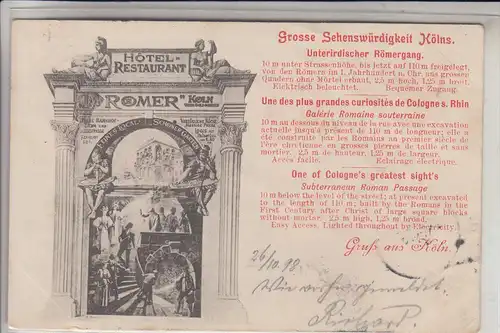 5000 KÖLN, HOTEL RÖMER, Werbung für unterirdischen Römergang, 1898
