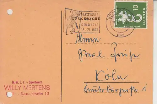 5000 KÖLN, POSTGESCHICHTE, Werbe-Stempel Gastwirts-Messe 1958, Köln 1 mw