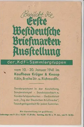 5000 KÖLN, POSTGESCHICHTE, Erste Westdeutsche Briefmarken Ausstellung KdF, Köln 1941, Sonderstempel