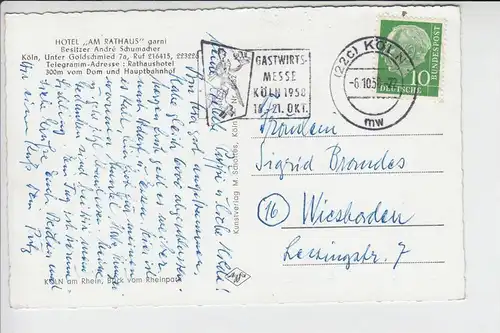 5000 KÖLN, POSTGESCHICHTE, Gastwirts-.Messe 1958