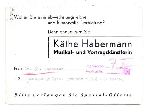 L 1000 LUXEMBURG Gare, Brasserie 3-4 Walsheim, Käthe Habermann, Entertainerin, 1934