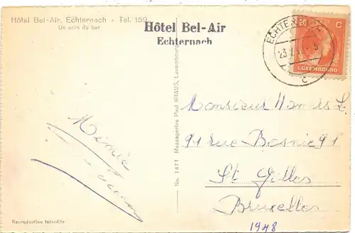 L 6400 ECHTERNACH, Hotel Bel-Air, Innenansicht, 1948