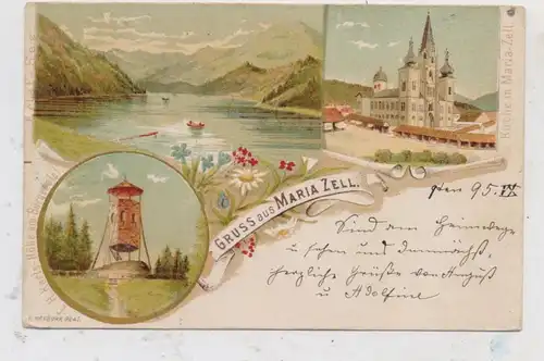 A 8630 MARIAZELL, Lithographie 1895, Karlshöhe, Kirche, Seeansicht