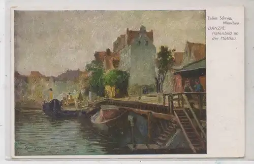 DANZIG, Hafenbild an der Mottlau, Künstler-Karte Julius Schrag