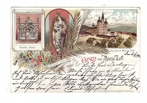 A 8630 MARIAZELL, Lithographie 1901, Gnaden Altar, Marien Statue, Kirche