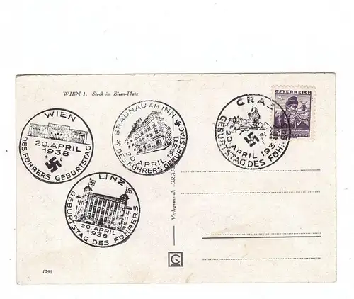 A 1000 WIEN, Stock in Eisen Platz, Stephansdom, Sonderstempel 20.April 1939 Wien, Graz, Linz und Braunau