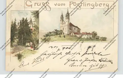 A 4000 LINZ - PÖSTLINGBERG, Gruss aus... Lithographie, Bergbahn und Kirche