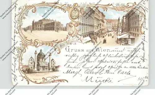 A 1000 WIEN, Lithographie 1902, Karlskirche, Graben, Hofburgtheater