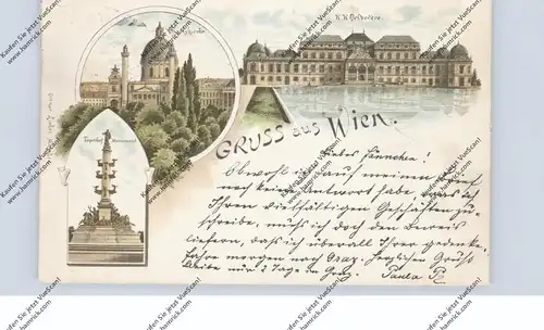 A 1000 WIEN, Lithographie 1897, Belvedere, Karlskirche, Tegetthof Denkmal