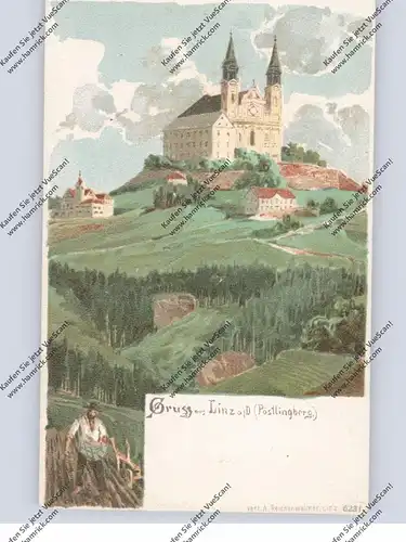 A 4000 LINZ - PÖSTLINGBERG, Lithographie, Gruss aus...Bauer beim Säen