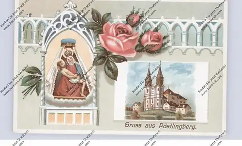 A 4000 LINZ - PÖSTLINGBERG, Lithographie, Wallfahrtskirche, Gnadenbild, Präge-Karte, Brfm. entfernt