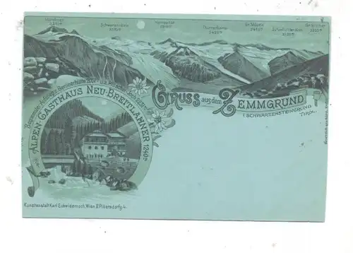 A 6295 GINZLING, Litho, Alpen Gasthaus Neu Breitlahner, Gruss aus dem Zemmgrund, seitlich unsauber geschnitten