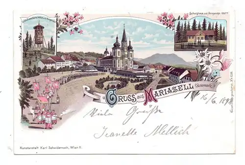 A 8630 MARIAZELL, Lithographie 1899, Wallfahrtskirche, Schutzhaus, Erzh. Franz Karls Höhe