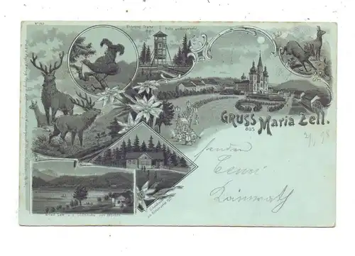 A 8630 MARIAZELL, Lithographie, 1898, Gruss aus..., Wallfahrtskirche, Schutzhaus, Erlat-See, Jagdmotive