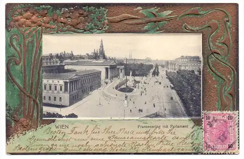 A 1000 WIEN, Franzensring mit Parlament, 1903, geprägt, Jugendstilornamente