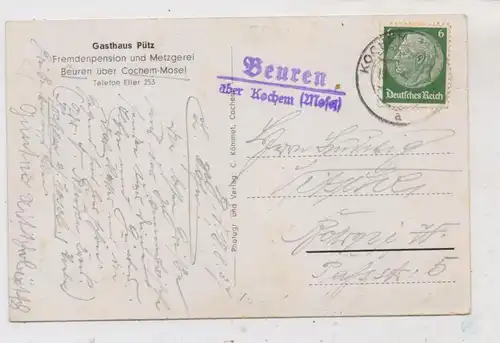 5447 ULMEN - BEUREN, Gasthaus Pütz, Landpoststempel "Beuren über Kochem (Mosel)", 1937