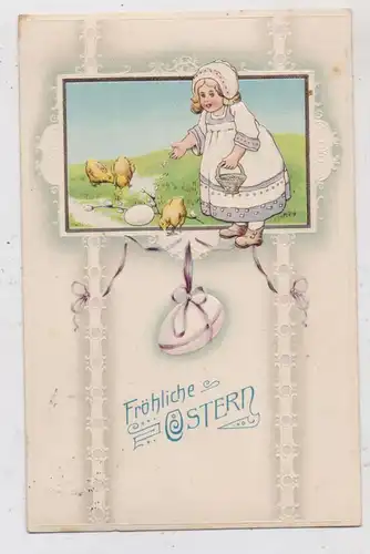 OSTERN - Mädchen füttert Küken, Präge - Karte / embossed / relief, 1914
