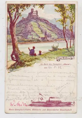 BINNENSCHIFFE - RHEIN, Köln-Düsseldorfer "RHEIN", Künstler-Karte Fritz von Wille, Marksburg bei Braubach, 1902