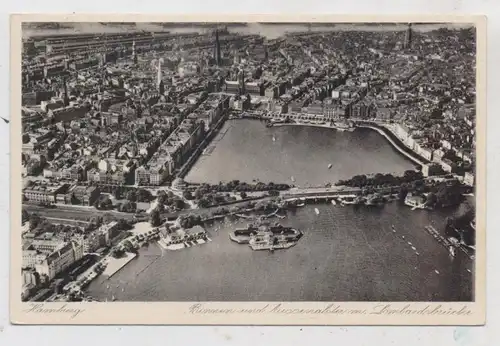 2000 HAMBURG, Luftaufnahme Binnen- und Aussenalster mit Lombardsbrücke