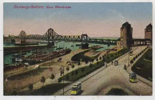 4100 DUISBURG, Neue Ruhrbrücke, Frachtschiffe, Strassenbahn