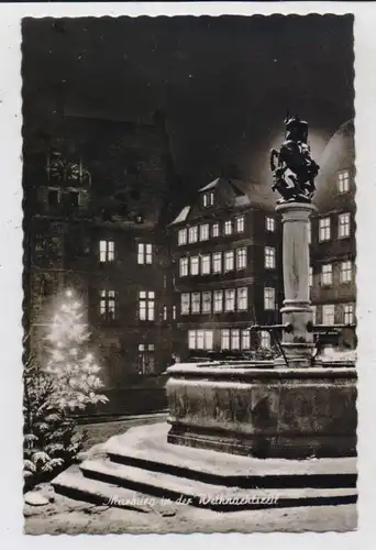 3530 MARBURG, Weihnachtskarte, Rathausbrunnen im Schnee, 1953