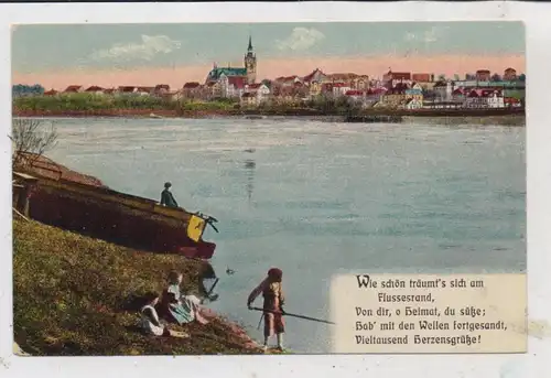 6000 FRANKFURT - SCHWANHEIM, Blick über den Main, spielende Kinder am Ufer, 1919
