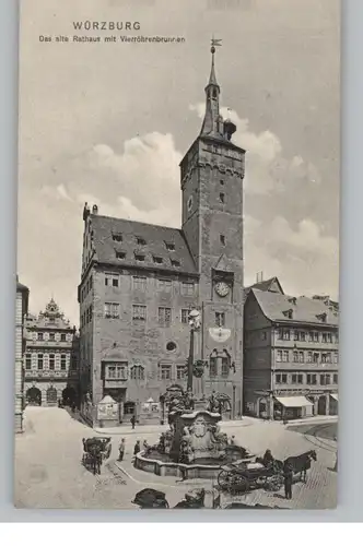 8700 WÜRZBURG, Altes Rathaus, Vierröhrenbrunnen, Droschken, 1908, Verlag Bauer