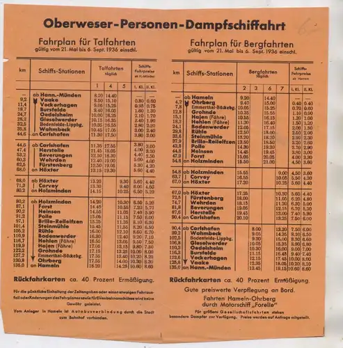 BINNENSCHIFFE - WESER, Oberweser Personen Dampfschiffahrt, Fahrplan 1936