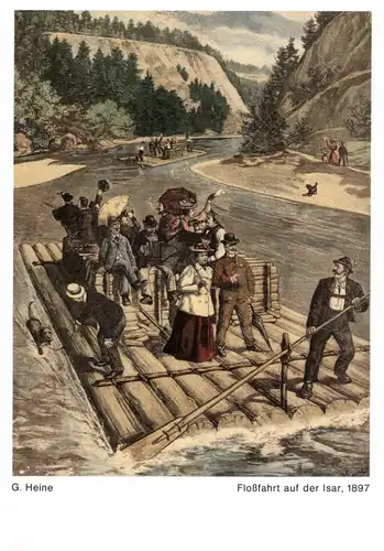 FLÖSSEREI / RAFTING / BALSA, Floßfahrt auf der Isar 1897, Künstler-Karte G. Heine