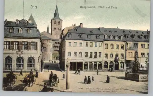 5500 TRIER, Hauptmarkt, Blick auf den Dom, belebte Szene - Droschken, Schaar & Dathe, ca. 1905