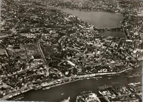 2000 HAMBURG, Landungsbrücken mit Jugendherberge, Luftaufnahme, 1957
