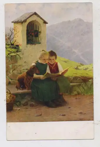 HUNDE - DACKEL / Teckel / Dachshund / Bassotto, Dackel mit lesenden Mädchen, Künstler-Karte Th. Kleehaas, 1916