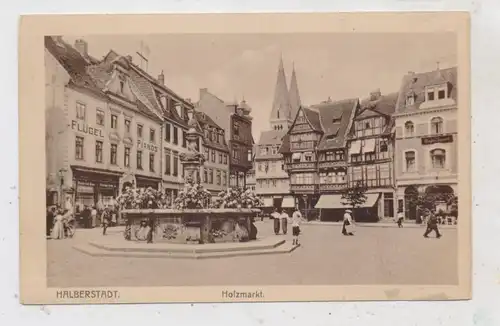 0-3600 HALBERSTADT, Holzmarkt, Brunnen, Piano - Haus, belebte Szene, Verlag Lederbogen