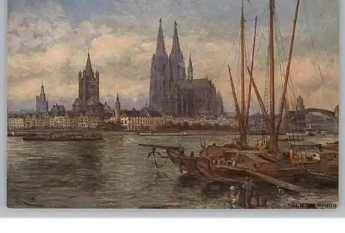 5000  KÖLN, Blick vom Deutzer Ufer, Frachtschiffe, Künstler-Karte Rüdell