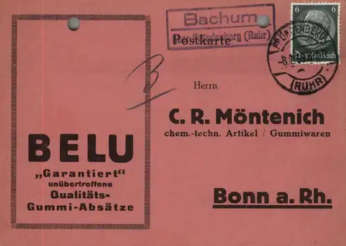 5760 ARNSBERG - BACHUM, Postgeschichte, Landpoststempel "Bachum über Fröndenberg", 1939, Beleg gelocht