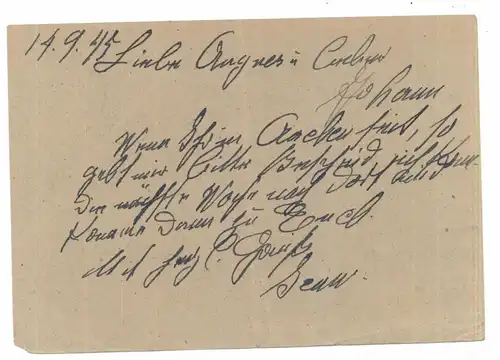 5180 ESCHWEILER, Postgeschichte, Postkarte 15.9.1945, Gebühr bezahlt, leichter Mittelbug