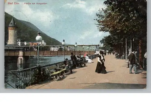 5427 BAD EMS, Partie im Kurgarten, Lahnbrücke, belebte Szene, 1911, Verlag Schaar & Dathe