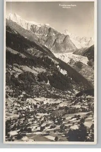 CH 3984 FIESCH (Gorms) VS, Blick über den Ort mit Fieschergletscher, 1930, rücks. Klebereste