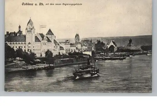 5400 KOBLENZ, Neues Regierungsgebäude, Deutsches Eck, Rheindampfer, 1907, Verlag Ullmann