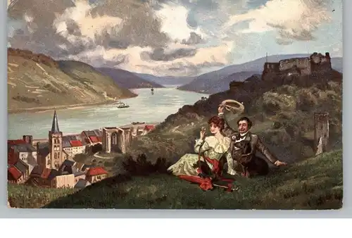 6533 BACHARACH, Künstler-Karte, Das Leben am Rhein, animierte Szene