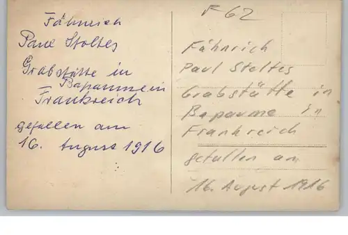 F 62450 BAPAUME, 1. Weltkrieg, Grab des Fähnrich Paul Stoltes, gefallen 1916, Photo-AK
